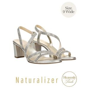 Naturalizer Silver Strappy Sparkly Sandals 9 Wide Block Heel Wedding NWT Comfort